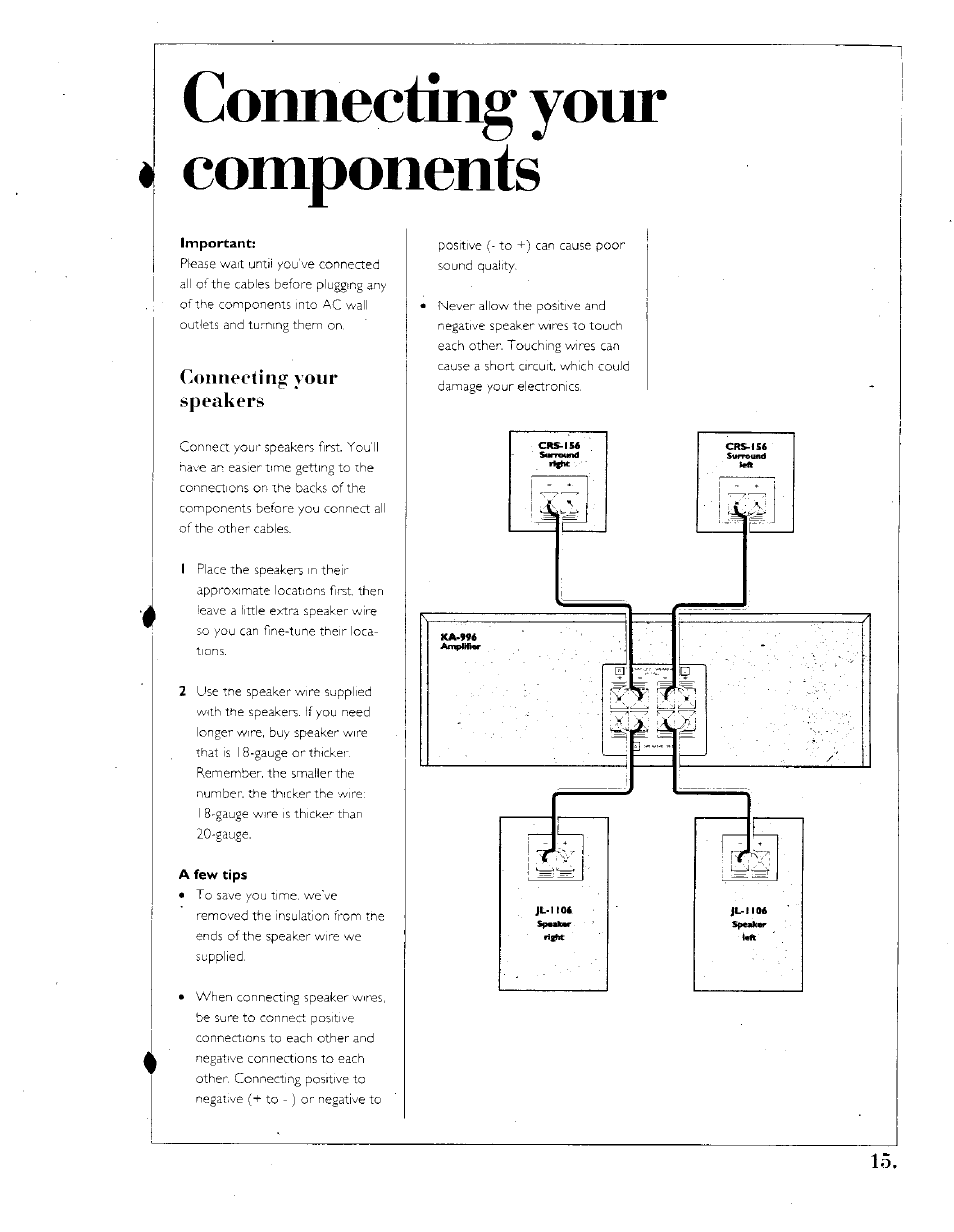 Connecting your components, Important, Connecting your speakers | A few tips, Connecting other audio components | Kenwood SPECTRUM 1050 AV User Manual | Page 15 / 28