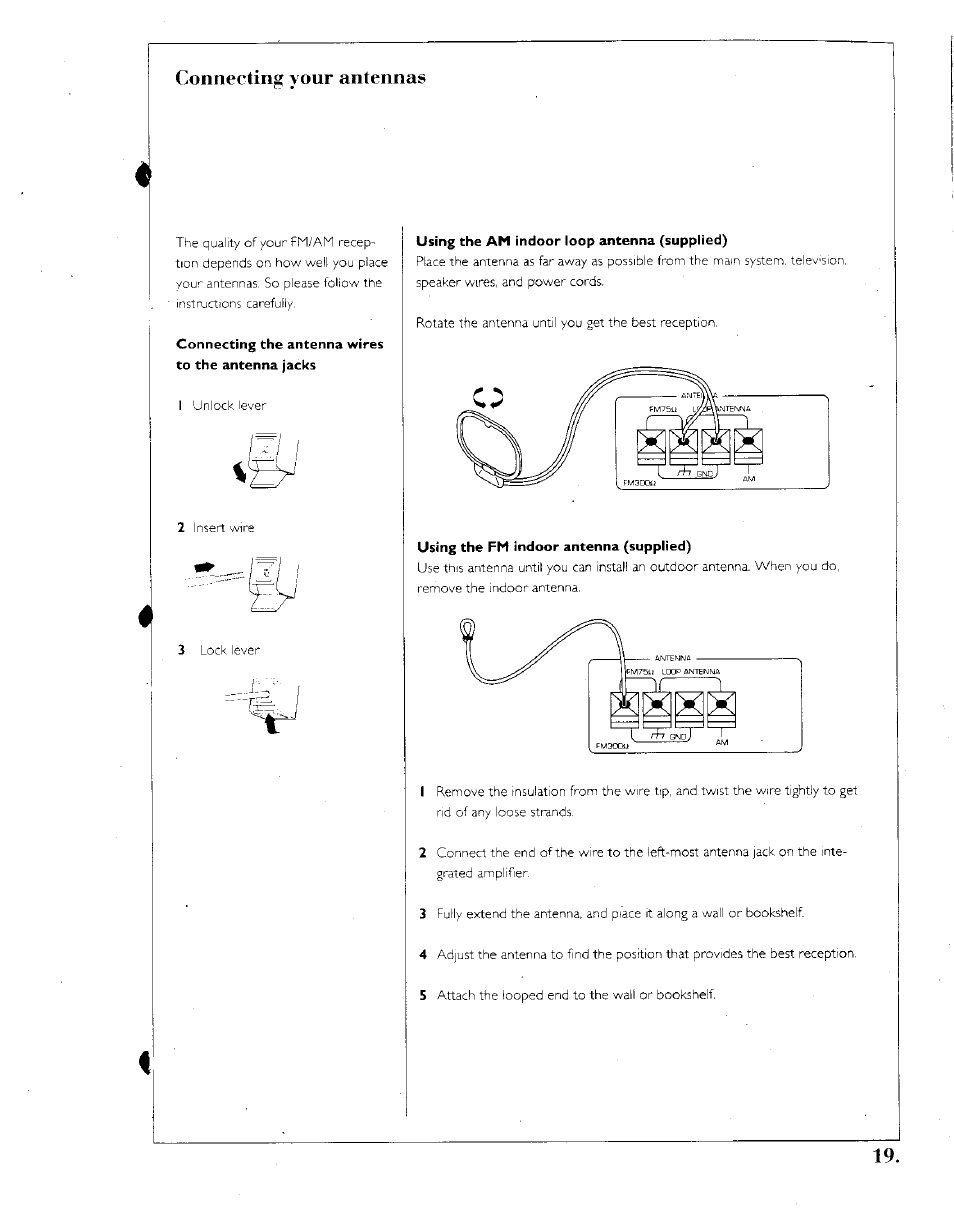 Connecting the antenna wires to the antenna jacks, Using the fm indoor antenna (supplied), Using the fm. indoor antenna (supplied) | Connecting your antennas | Kenwood SPECTRUM 1050 AV User Manual | Page 19 / 28