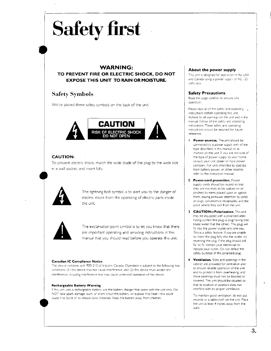 Safety first, Safety symbols, Risk of electric shock do not open | Caution, About the power supply, Safety precautions, Warning | Kenwood SPECTRUM 1050 AV User Manual | Page 3 / 28