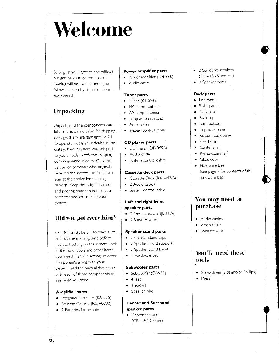 Welcome, Unpacking, Did you get everything | Amplifier parts, Power amplifier parts, Tuner parts, Cd player parts, Cassette deck parts, Left and right front speaker parts, Speaker stand parts | Kenwood SPECTRUM 1050 AV User Manual | Page 6 / 28