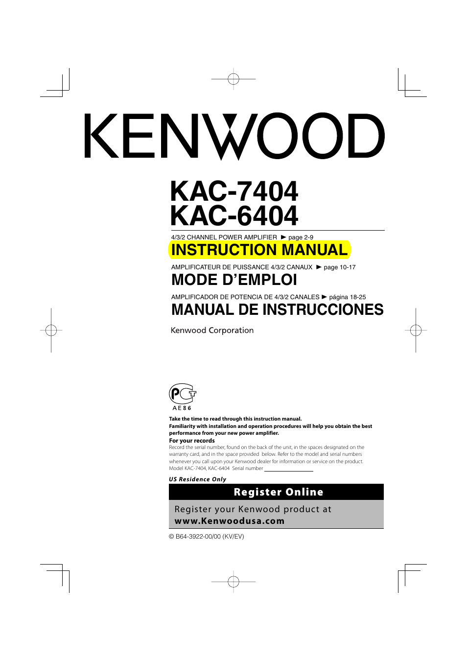 Kenwood KAC-7404 User Manual | 9 pages