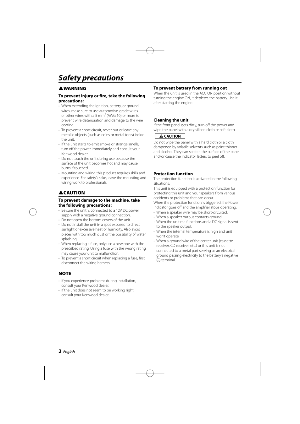 Safety precautions | Kenwood KAC-7404 User Manual | Page 2 / 9