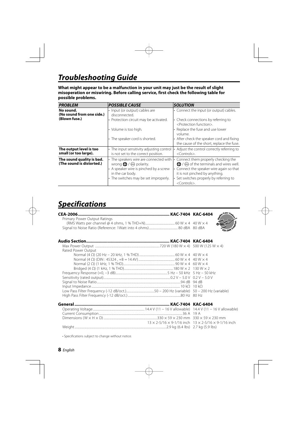 Troubleshooting guide, Specifications | Kenwood KAC-7404 User Manual | Page 8 / 9