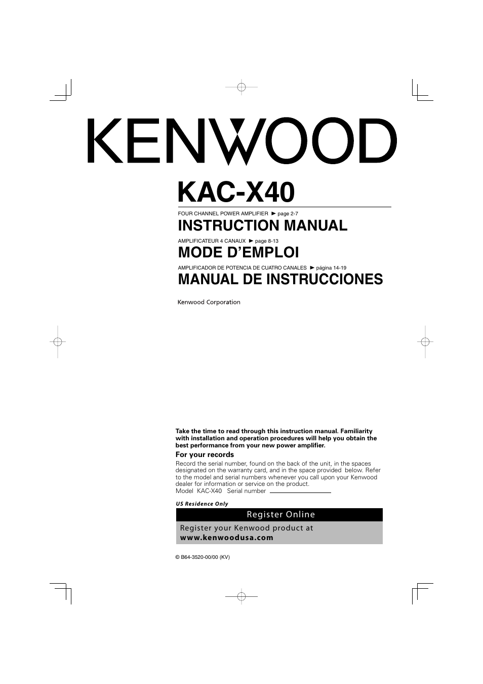 Kenwood eXcelon KAC-X40 User Manual | 20 pages