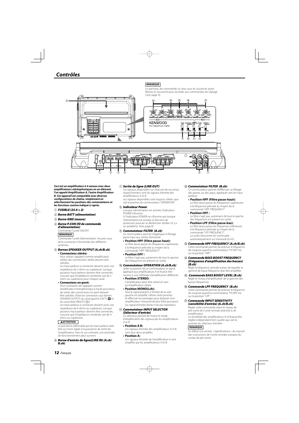 Contrôles | Kenwood eXcelon KAC-X40 User Manual | Page 12 / 20