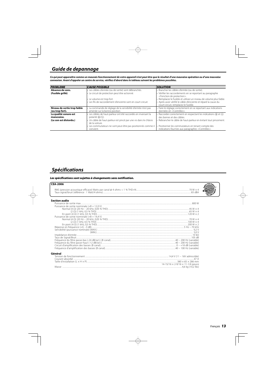 Guide de depannage spécifications | Kenwood eXcelon KAC-X40 User Manual | Page 13 / 20