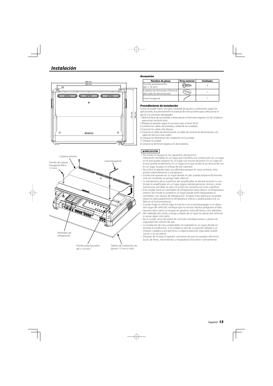 Instalación | Kenwood eXcelon KAC-X40 User Manual | Page 15 / 20