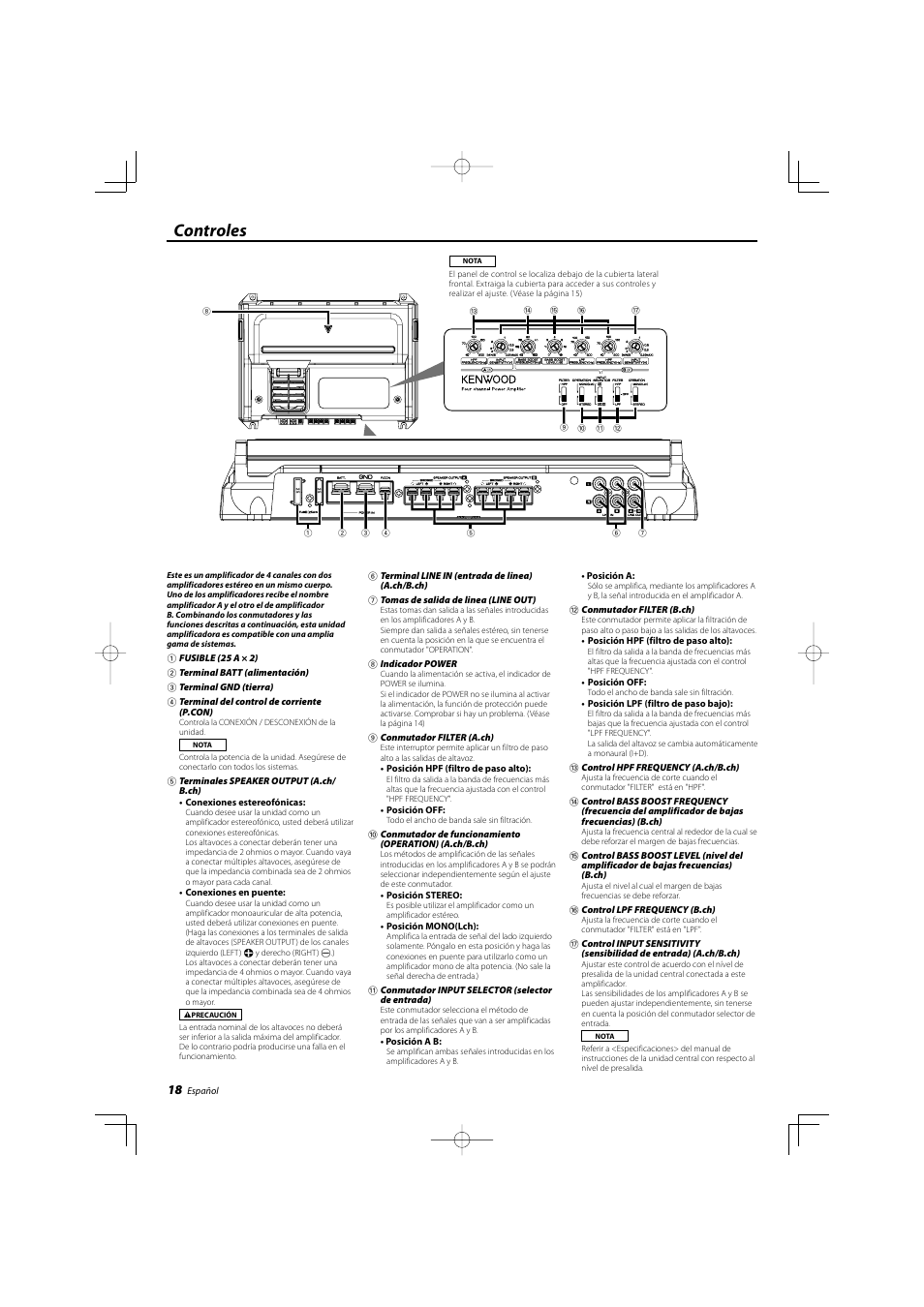 Controles | Kenwood eXcelon KAC-X40 User Manual | Page 18 / 20