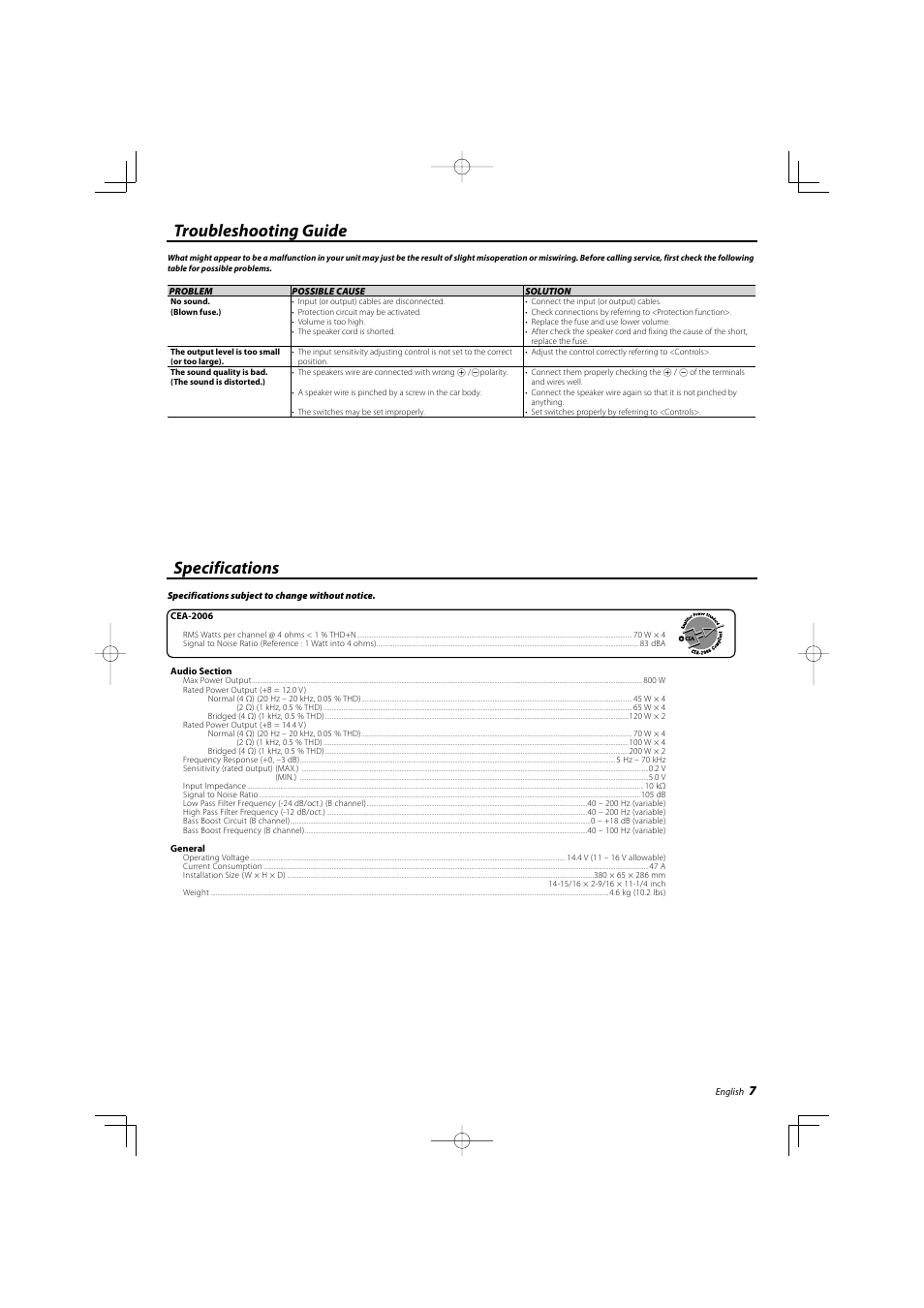 Troubleshooting guide specifications | Kenwood eXcelon KAC-X40 User Manual | Page 7 / 20