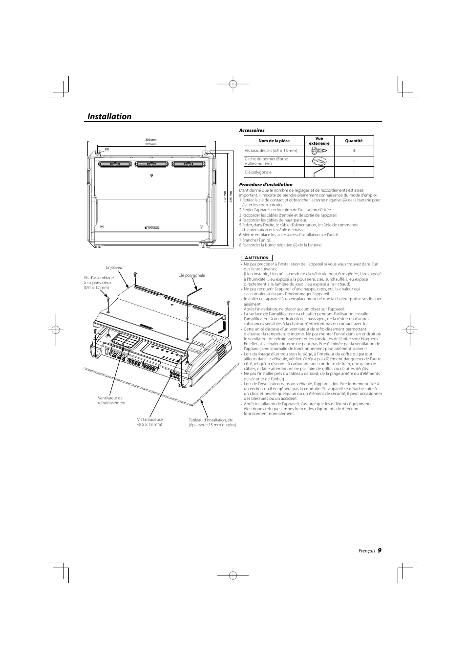 Installation | Kenwood eXcelon KAC-X40 User Manual | Page 9 / 20