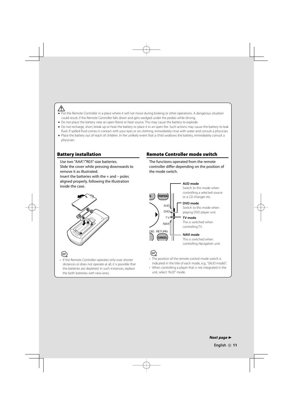 Battery installation, Remote controller mode switch | Kenwood KOS-V1000 User Manual | Page 11 / 92