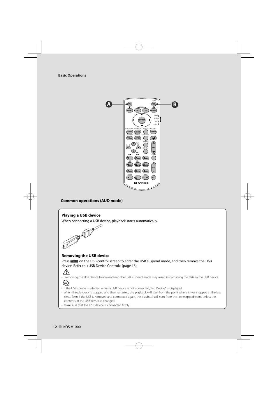 Playing a usb device, Removing the usb device, Common operations (aud mode) | Kenwood KOS-V1000 User Manual | Page 12 / 92