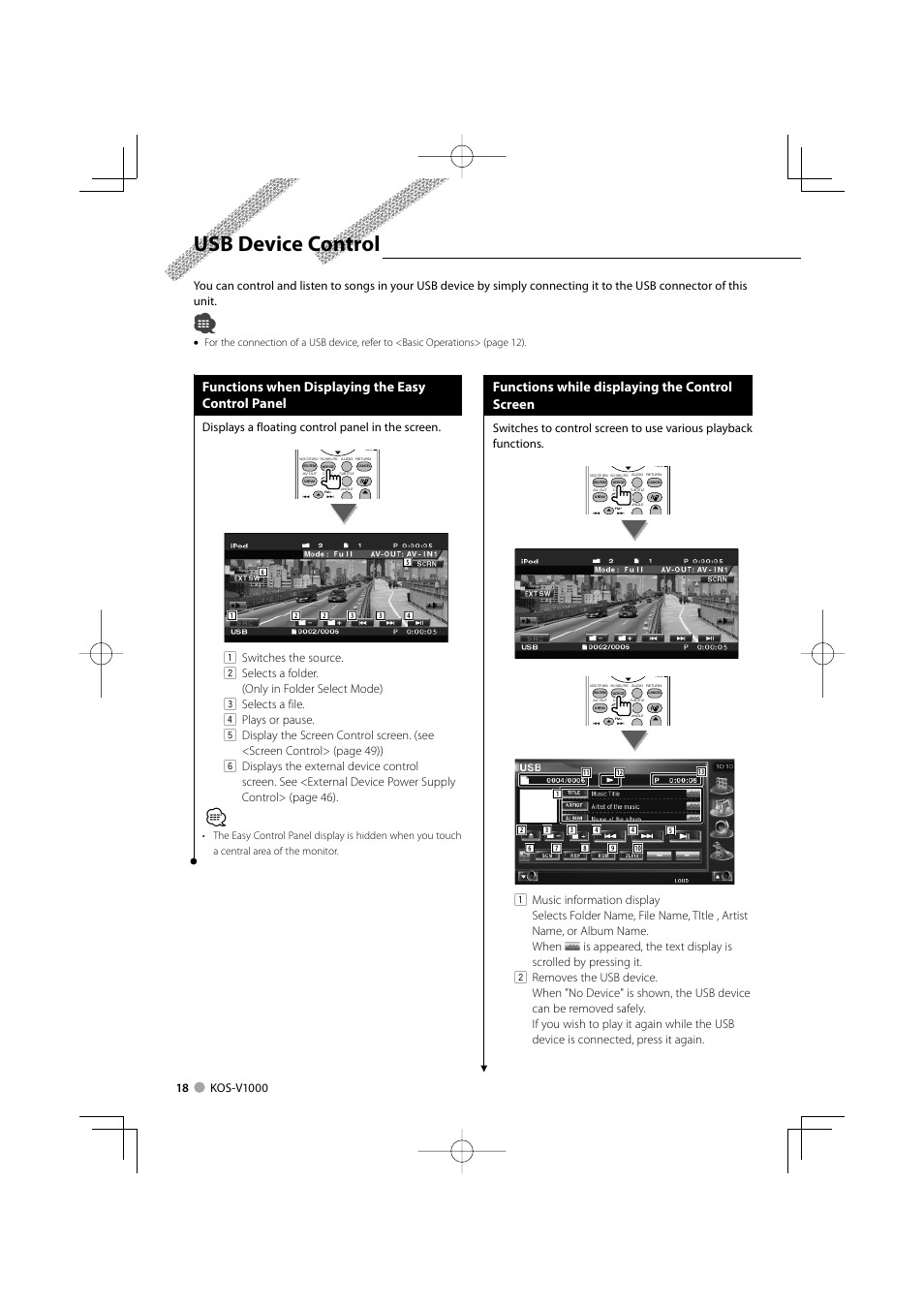 Usb device control, Functions when displaying the easy control panel, Functions while displaying the control screen | Displays a floating control panel in the screen | Kenwood KOS-V1000 User Manual | Page 18 / 92