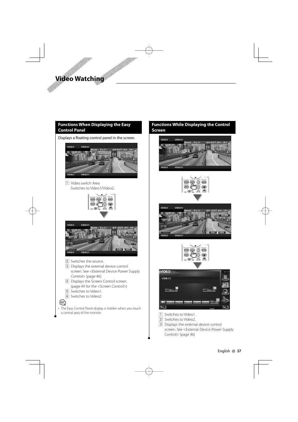 Video watching, Functions when displaying the easy control panel, Functions while displaying the control screen | Displays a floating control panel in the screen, 1 video switch area switches to video1/video2 | Kenwood KOS-V1000 User Manual | Page 37 / 92