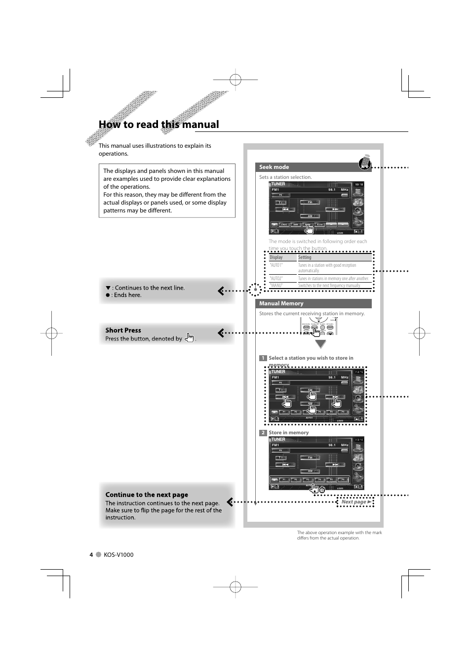 How to read this manual, Seek mode, Next page 3 | Sets a station selection | Kenwood KOS-V1000 User Manual | Page 4 / 92
