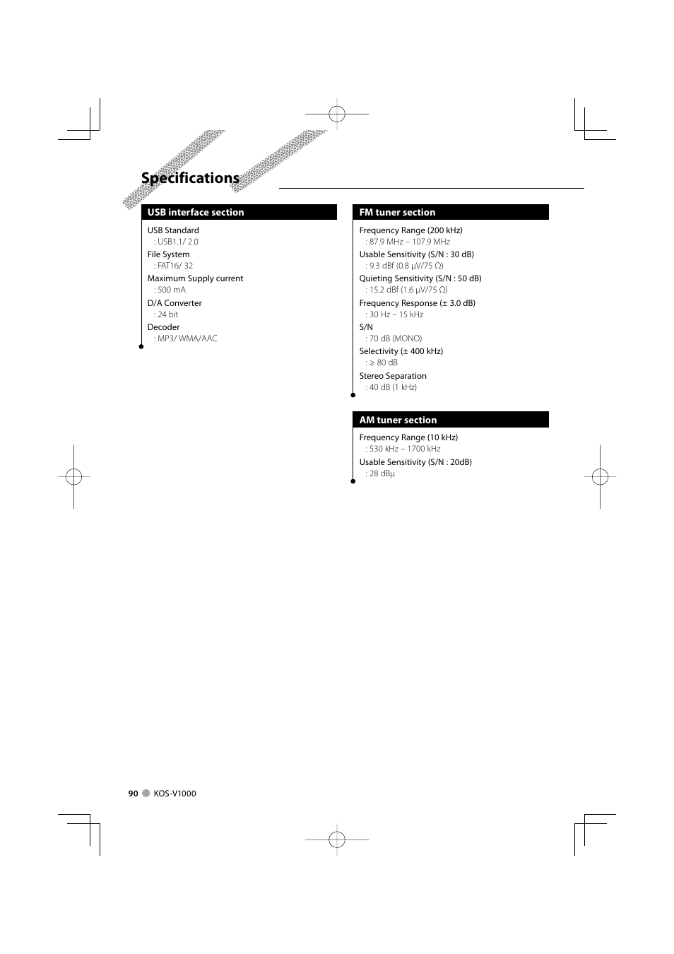 Specifications | Kenwood KOS-V1000 User Manual | Page 90 / 92