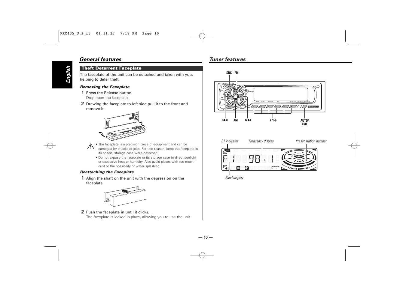 Tuner features, General features, English | Kenwood KRC-435 User Manual | Page 10 / 31