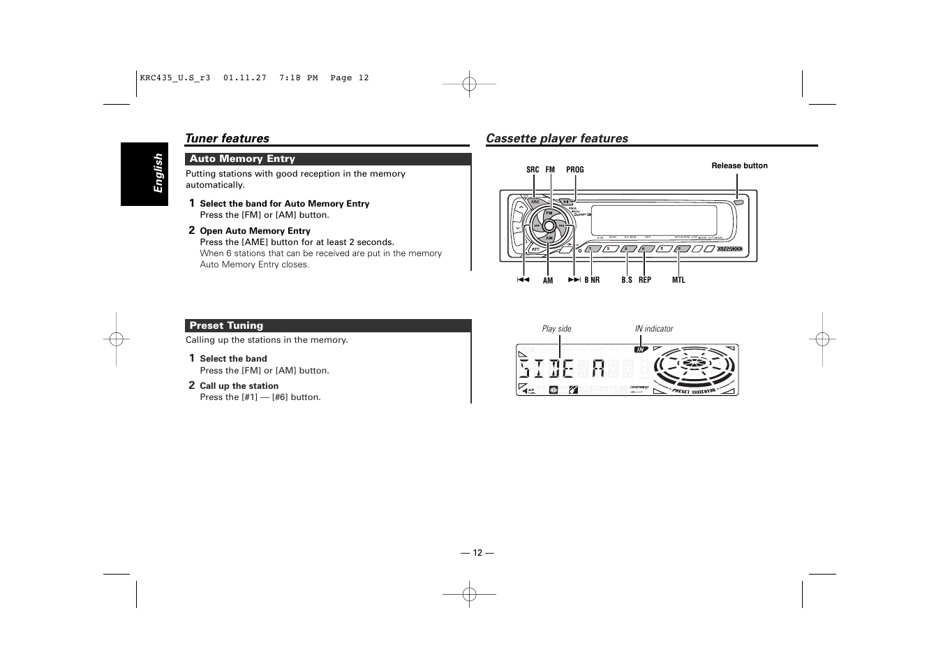 Cassette player features, Tuner features, English | Kenwood KRC-435 User Manual | Page 12 / 31