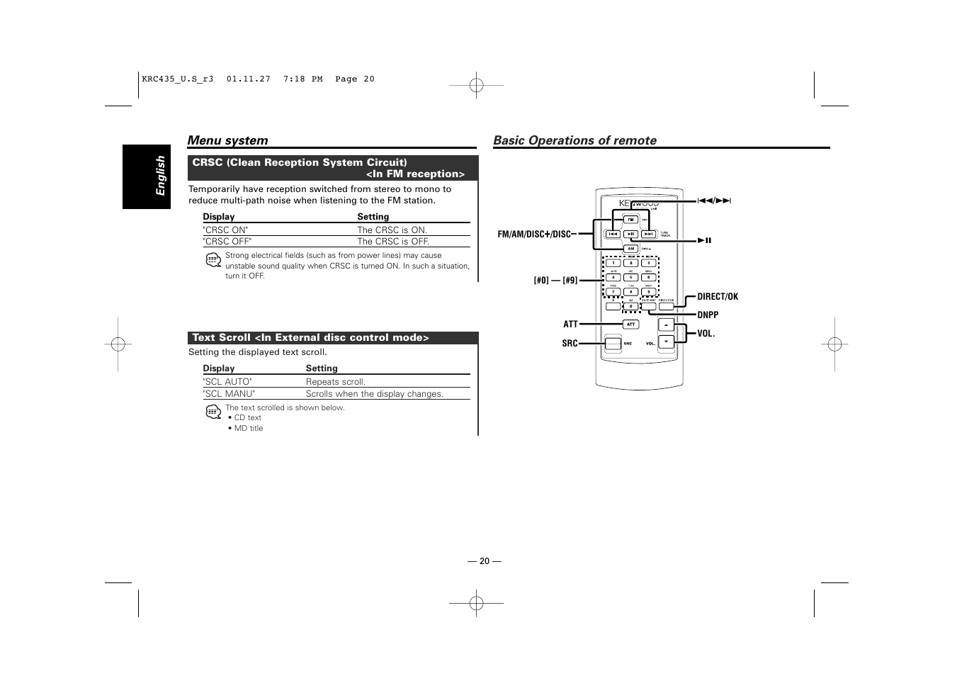 Basic operations of remote | Kenwood KRC-435 User Manual | Page 20 / 31