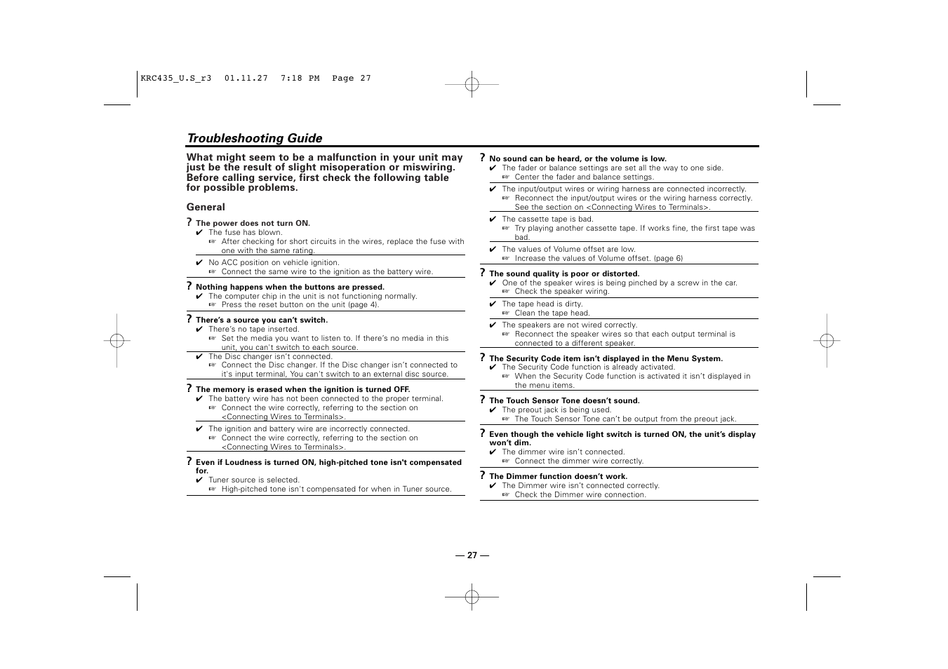 Troubleshooting guide | Kenwood KRC-435 User Manual | Page 27 / 31