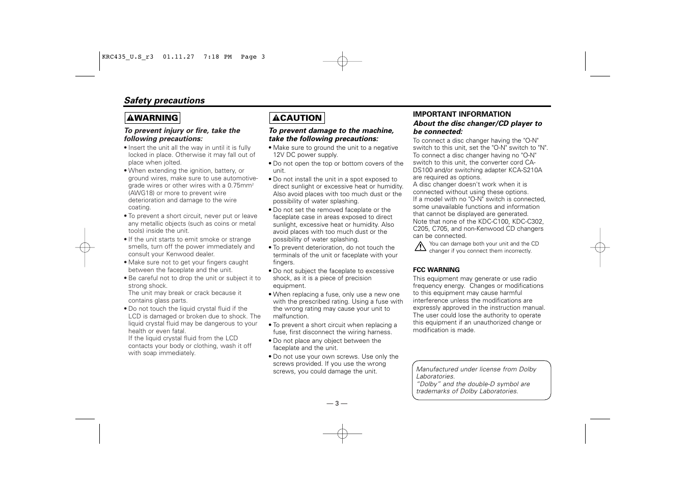 Safety precautions | Kenwood KRC-435 User Manual | Page 3 / 31