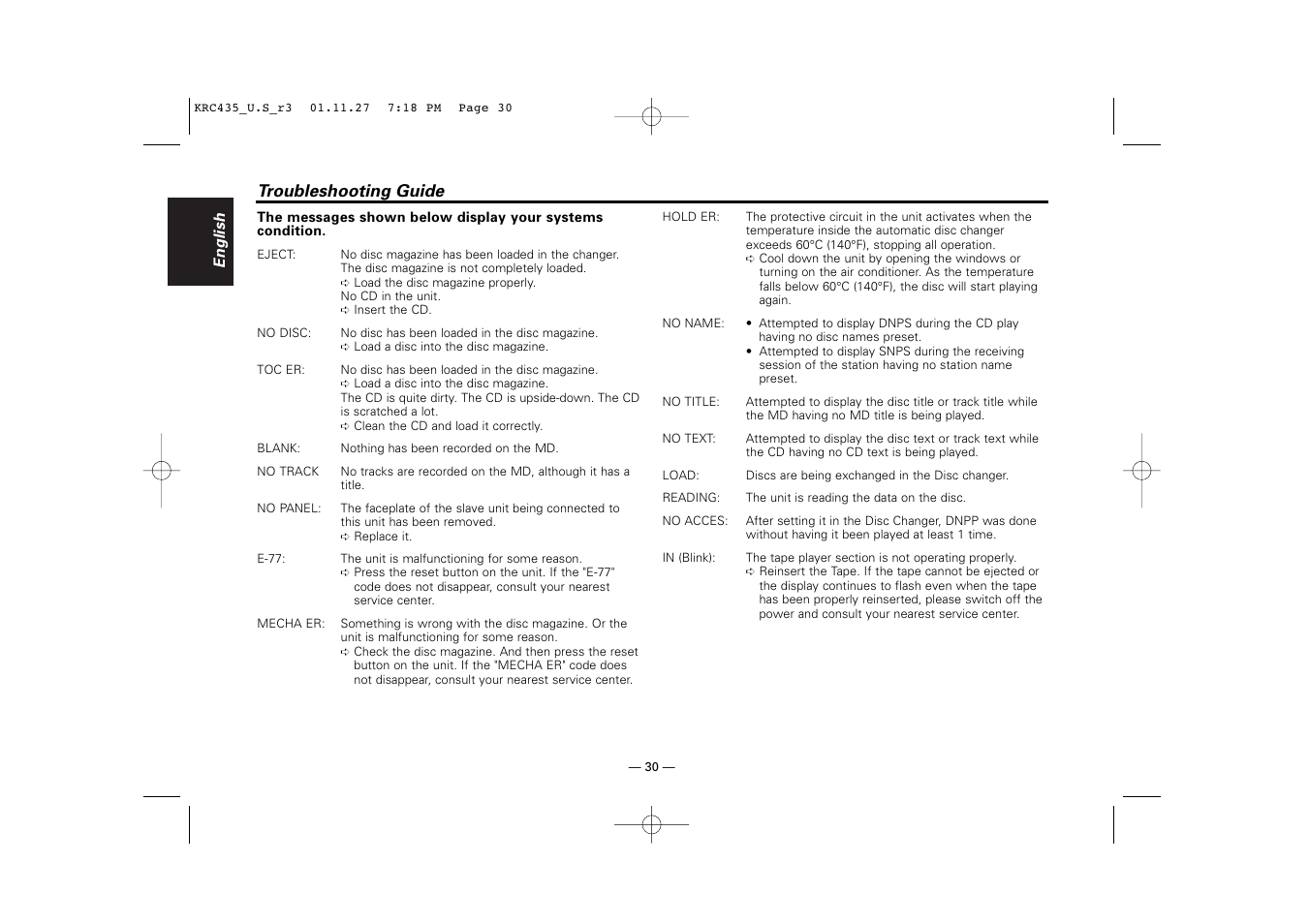 Troubleshooting guide | Kenwood KRC-435 User Manual | Page 30 / 31