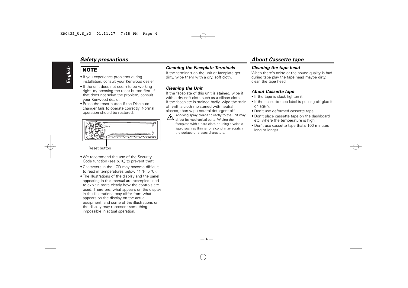 About cassette tape | Kenwood KRC-435 User Manual | Page 4 / 31