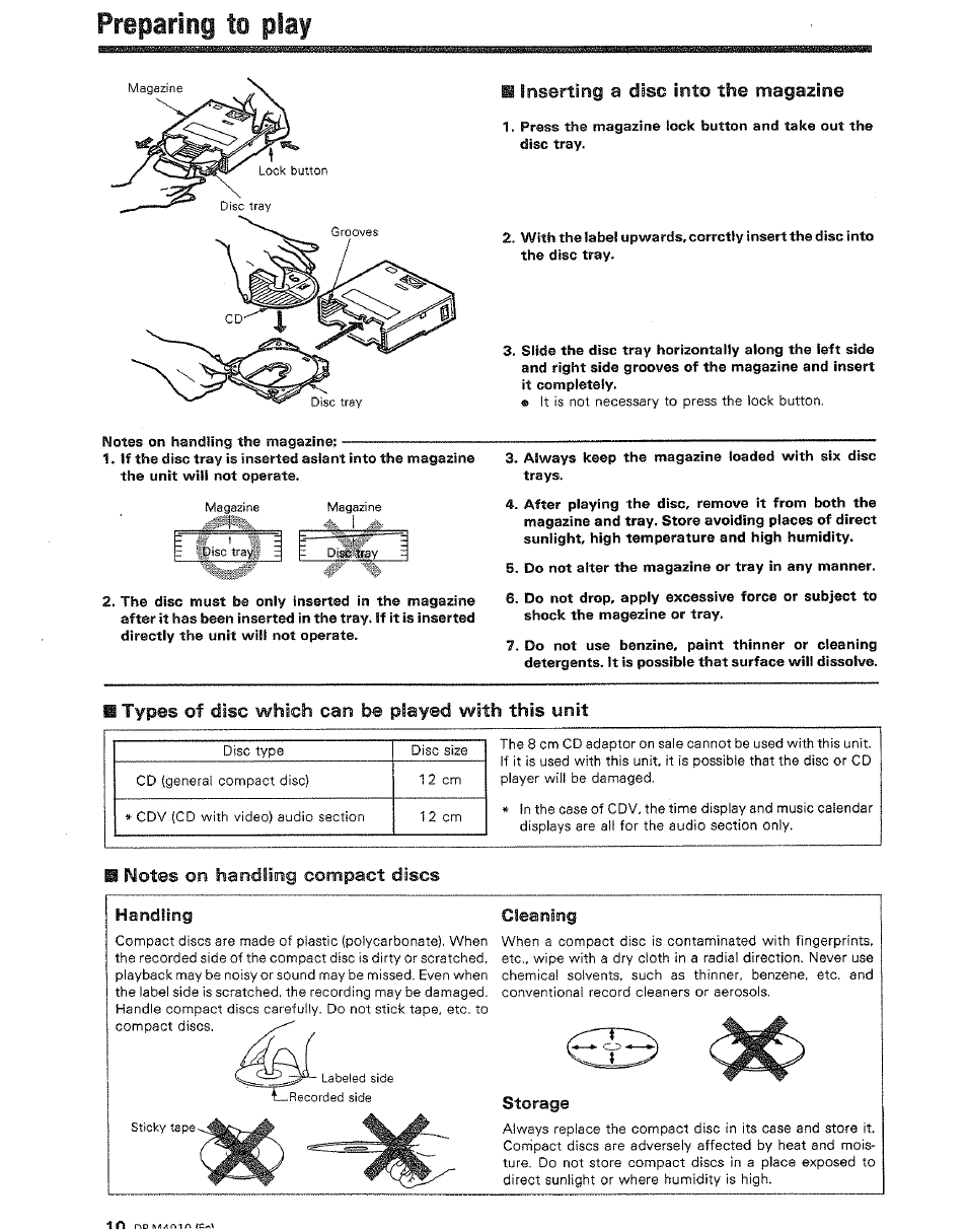 Preparing to play, M inserting a disc into the magazine, Types of disc which cam be played with this unit | Notes om handlimg compact discs, Play, Preparing to, Inserting a disc into the magazine, Cleaning, Storage | Kenwood DP-M4010 User Manual | Page 10 / 20