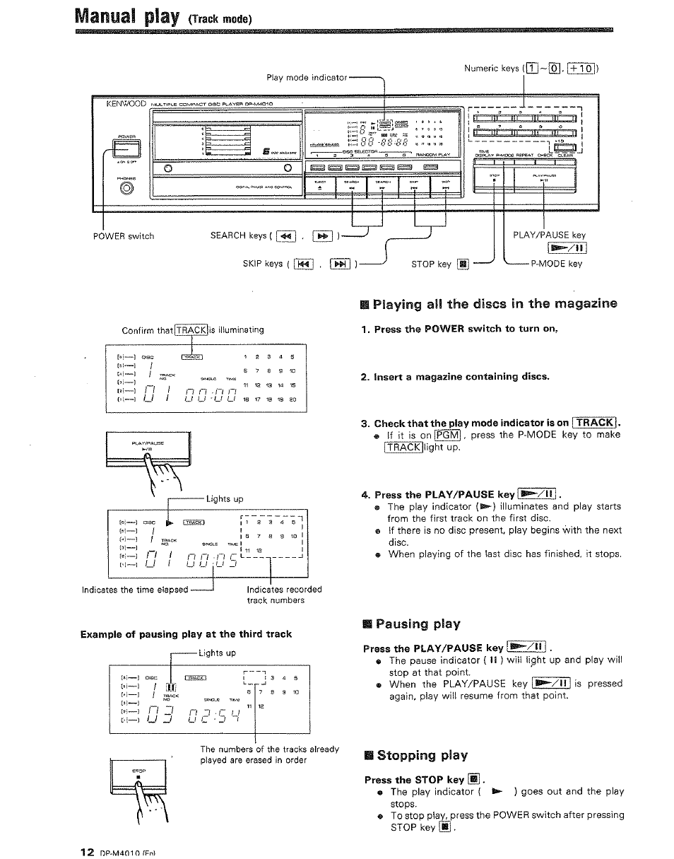 B playing all the discs in the magazine, M stopping play press the stop key [ml, Manual play | Playing all the discs in the magazine, Pausing play, Stopping play | Kenwood DP-M4010 User Manual | Page 12 / 20