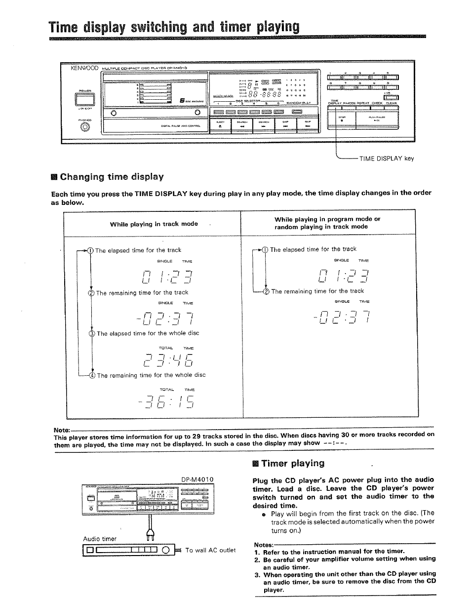 Time display switching and timer playing, Changing time display, M timer playing | U i ■ r, Timer playing | Kenwood DP-M4010 User Manual | Page 18 / 20