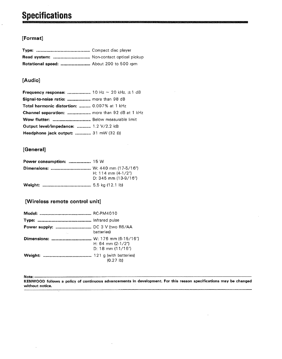 Specifications | Kenwood DP-M4010 User Manual | Page 20 / 20