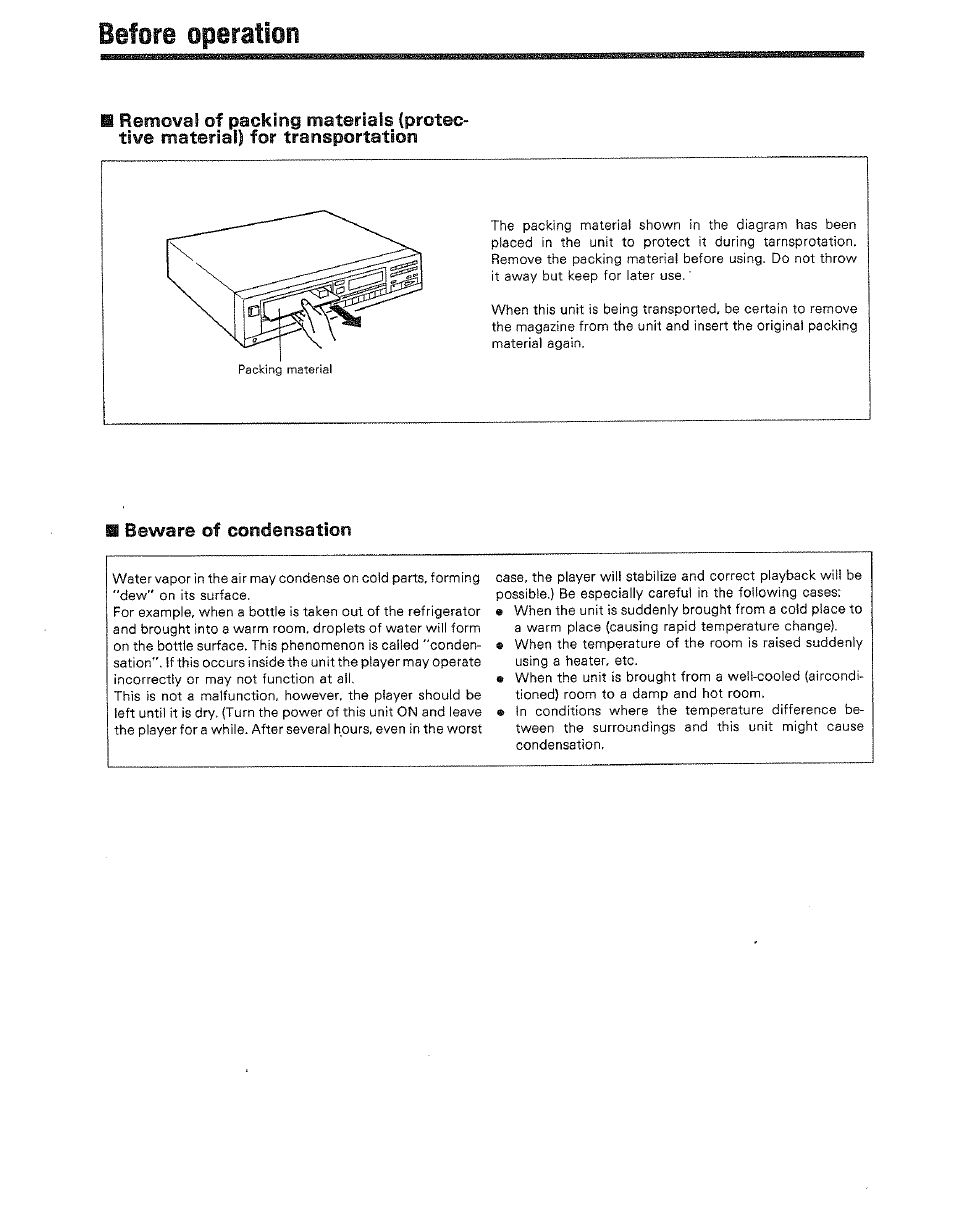 Before operation, Beware of condensation | Kenwood DP-M4010 User Manual | Page 6 / 20