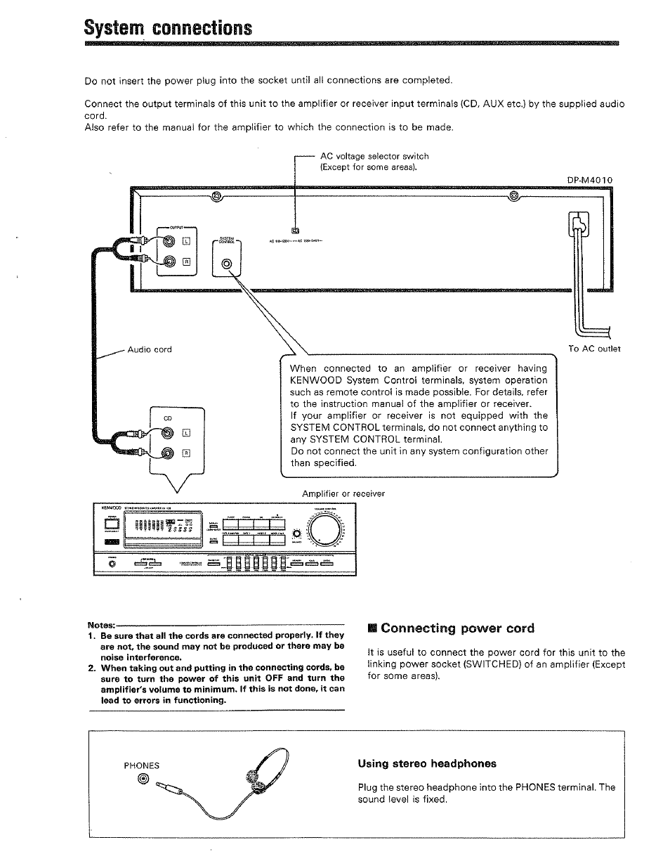 System connections, M connecting power cord | Kenwood DP-M4010 User Manual | Page 7 / 20