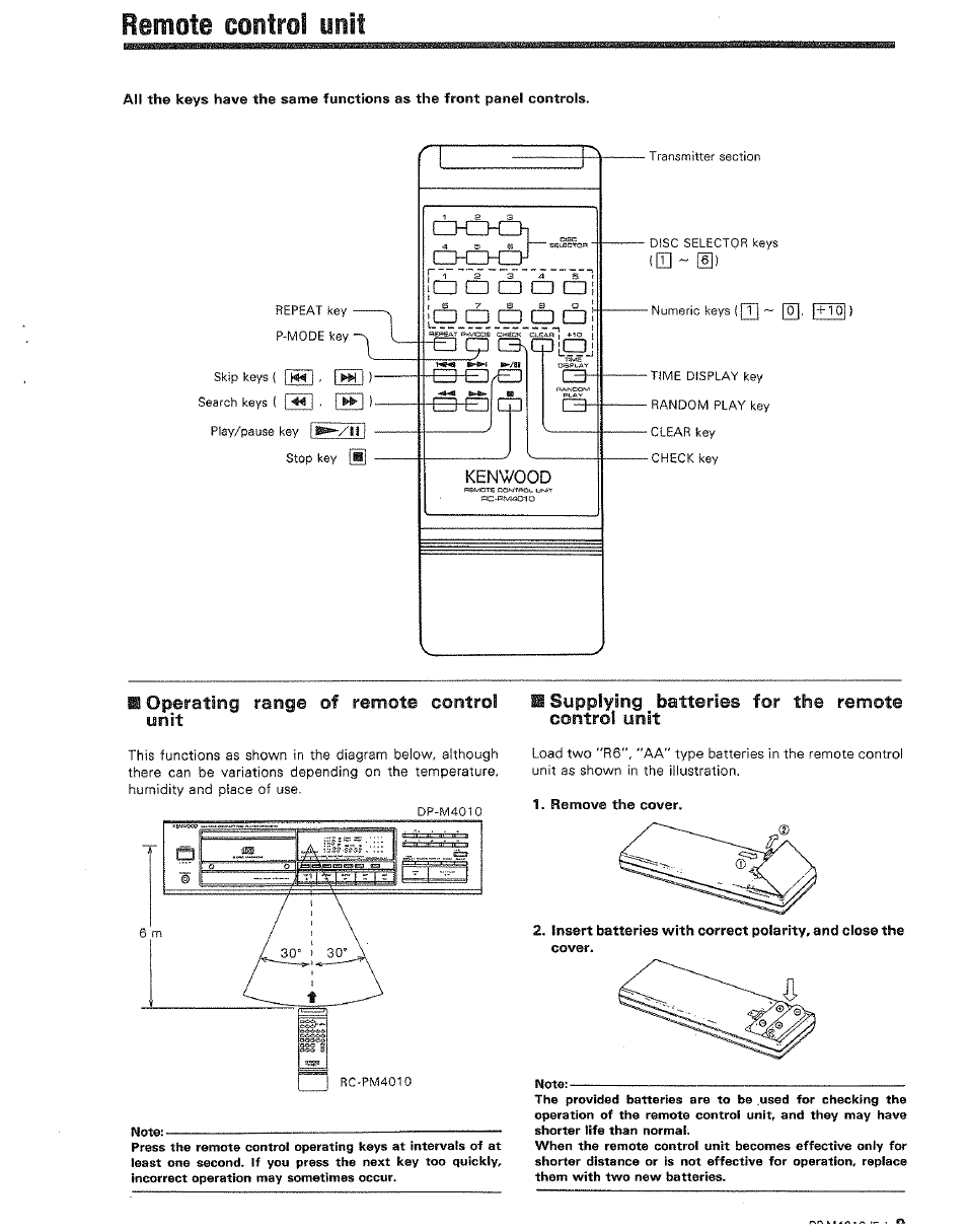 M operating range of remote control unit, M supplying batteries for the remote control unit, Remote control unit | Kenwood DP-M4010 User Manual | Page 9 / 20