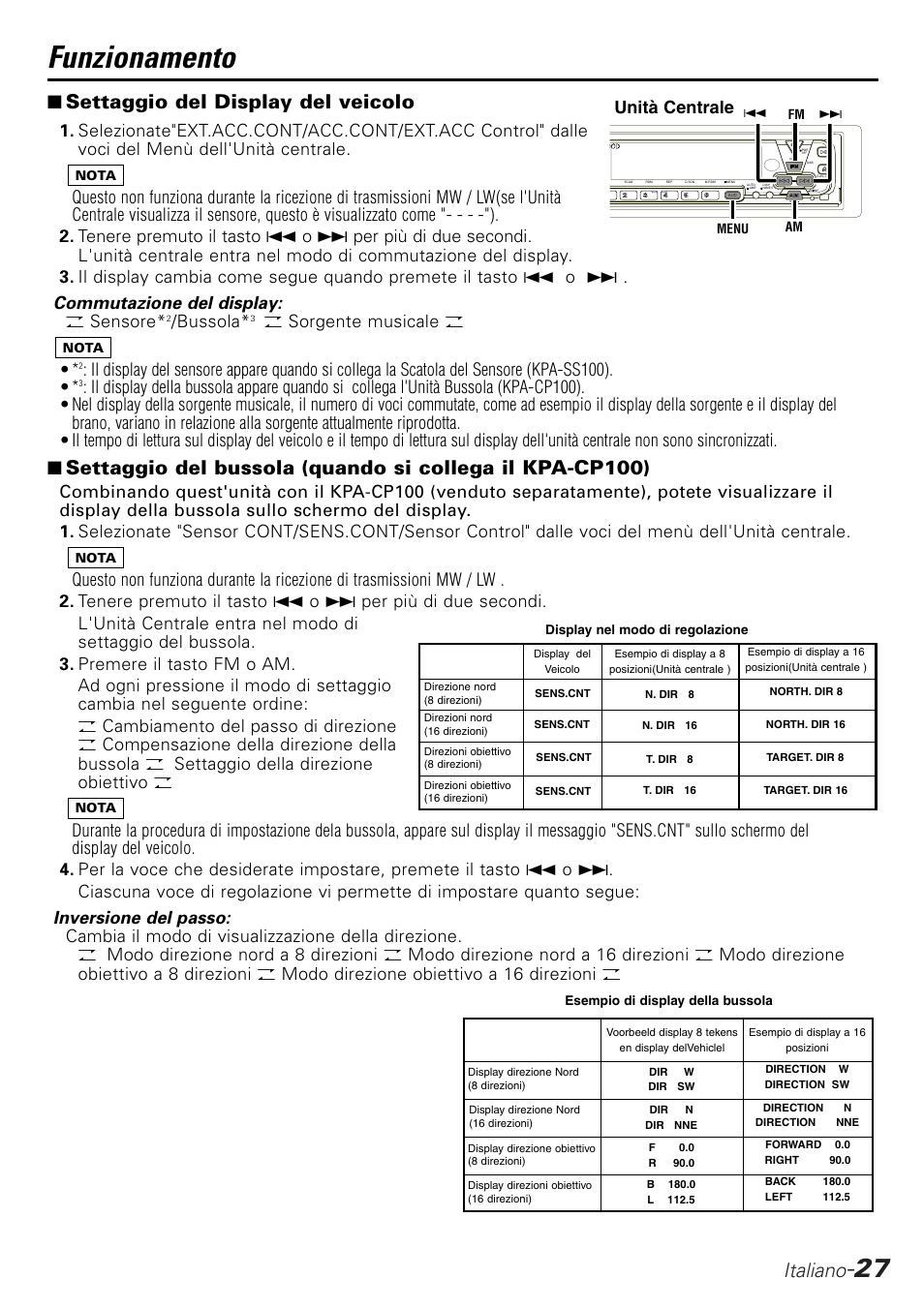 Funzionamento, Italiano, Settaggio del display del veicolo | Bussola, O sorgente musicale o, Unità centrale | Kenwood KPA-SD100 User Manual | Page 27 / 44