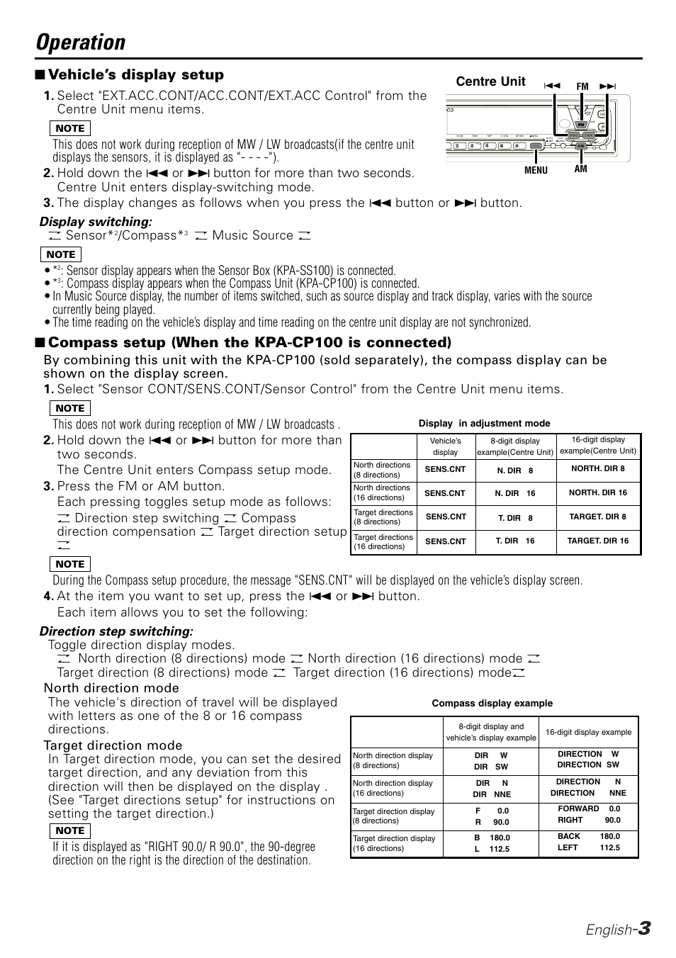 Operation, English, Vehicle’s display setup | Compass setup (when the kpa-cp100 is connected), Compass, O music source o, Centre unit | Kenwood KPA-SD100 User Manual | Page 3 / 44