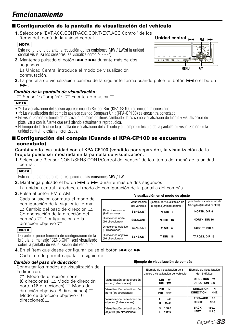 Funcionamiento, Español, Compás | O fuente de música o, Unidad central | Kenwood KPA-SD100 User Manual | Page 33 / 44