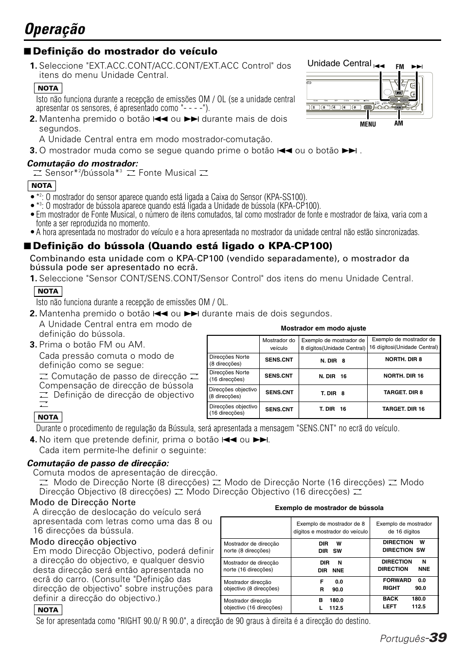 Operação, Português, Definição do mostrador do veículo | Bússola, O fonte musical o, Unidade central | Kenwood KPA-SD100 User Manual | Page 39 / 44