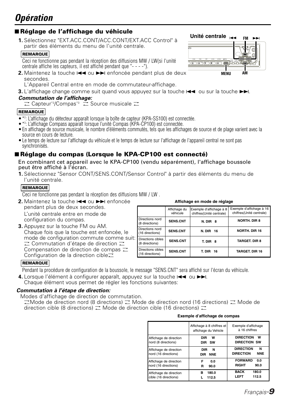 Opération, Français, Réglage de l’affichage du véhicule | Compas, O source musicale o, Unité centrale | Kenwood KPA-SD100 User Manual | Page 9 / 44