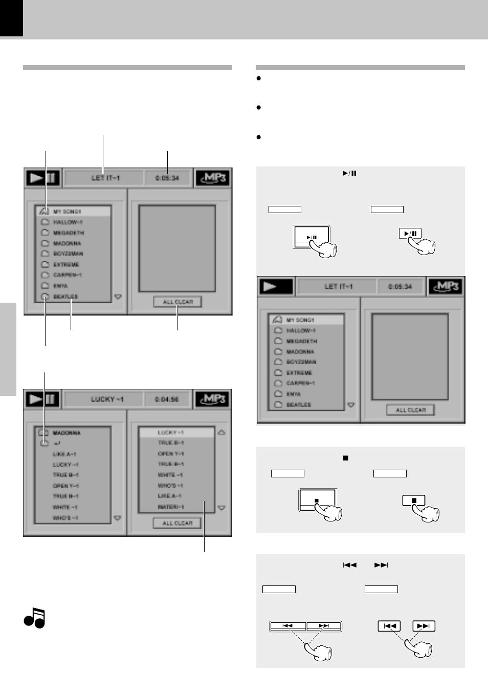 Mp3 on-screen display, Playing back mp3, Mp3 on-screen display playing back mp3 | Playback, Skipping files | Kenwood DV-503 User Manual | Page 36 / 44