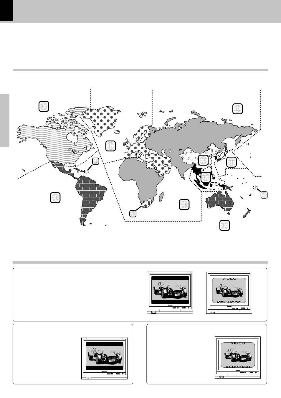 Region codes, Region codes in the world, Examples of tv screen display of each video format | Kenwood DV-503 User Manual | Page 8 / 44