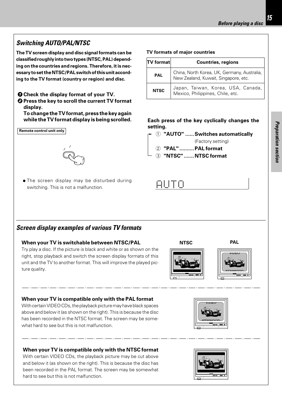 A u t o, Screen display examples of various tv formats, Switching auto/pal/ntsc | Kenwood HM-353V User Manual | Page 15 / 56