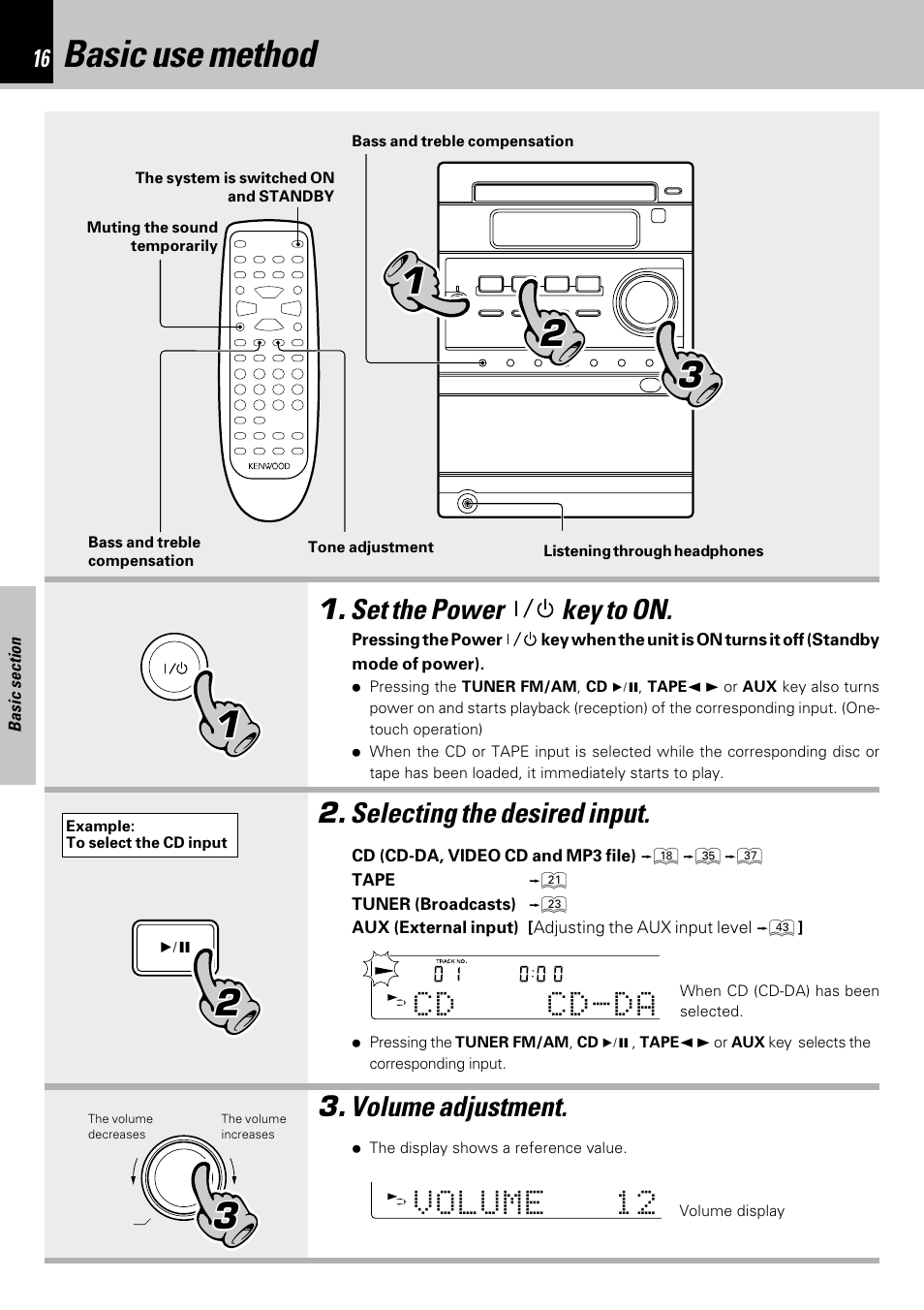 Basic use method, Volume adjustment. 2. selecting the desired input, Set the power key to on | Kenwood HM-353V User Manual | Page 16 / 56