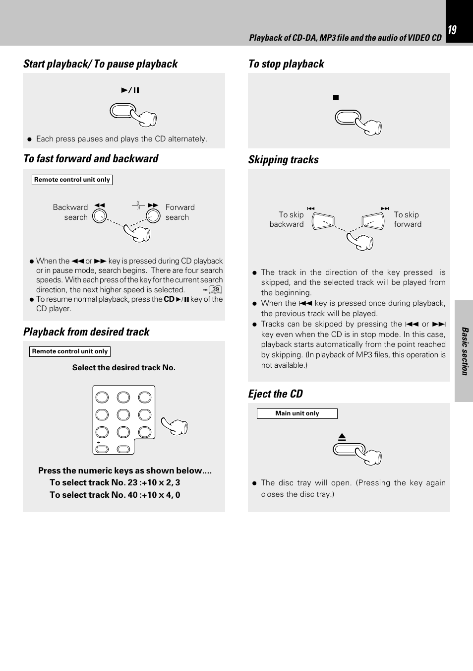 Start playback/ to pause playback, Playback from desired track | Kenwood HM-353V User Manual | Page 19 / 56