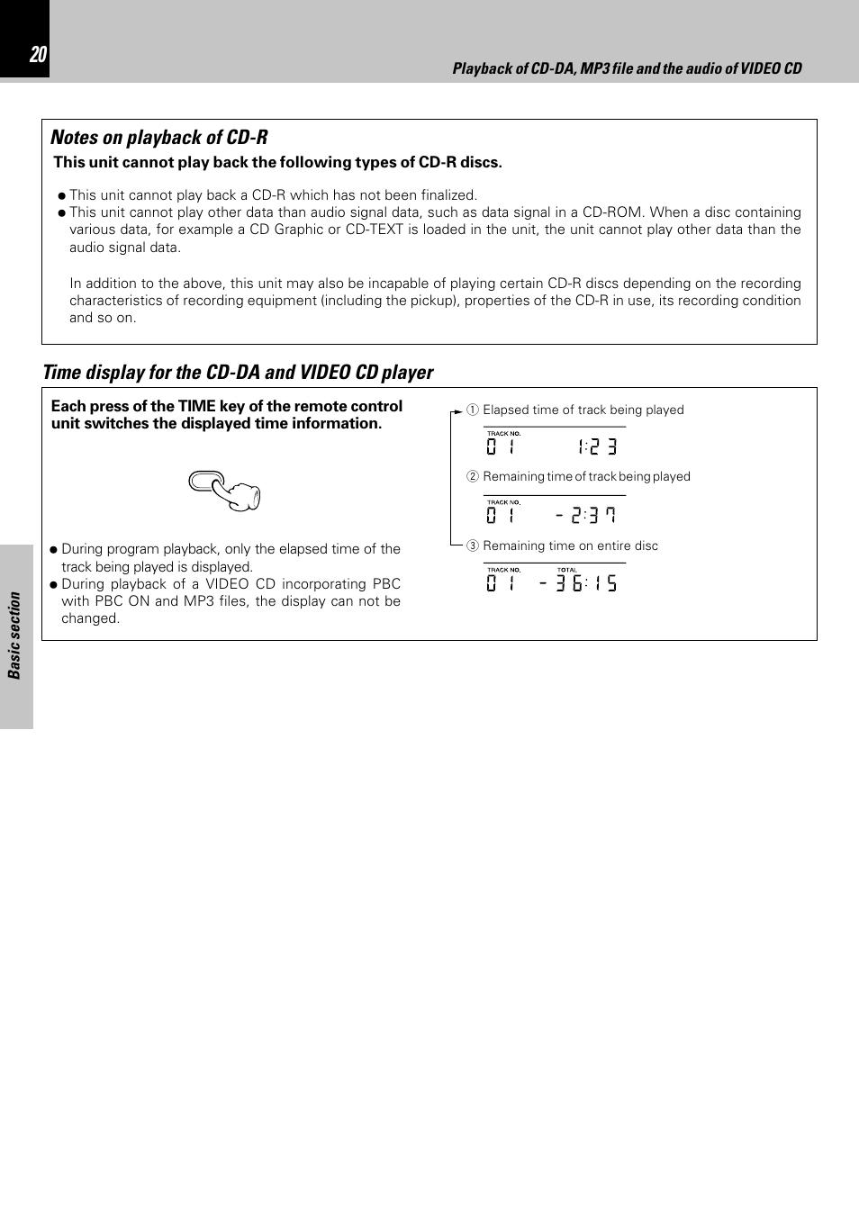 Time display for the cd-da and video cd player | Kenwood HM-353V User Manual | Page 20 / 56