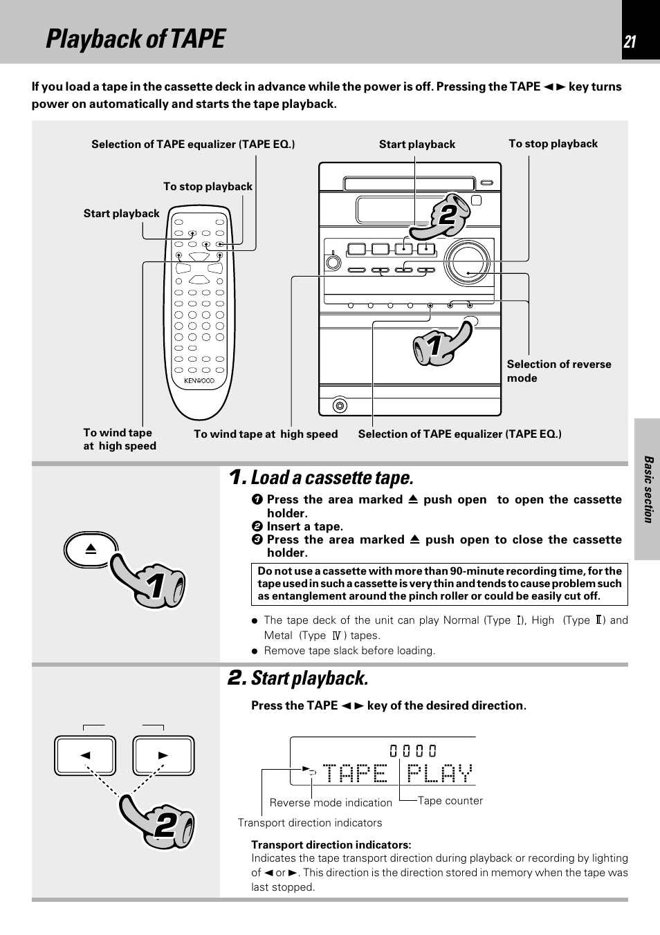 Playback of tape, Load a cassette tape, Start playback | Kenwood HM-353V User Manual | Page 21 / 56