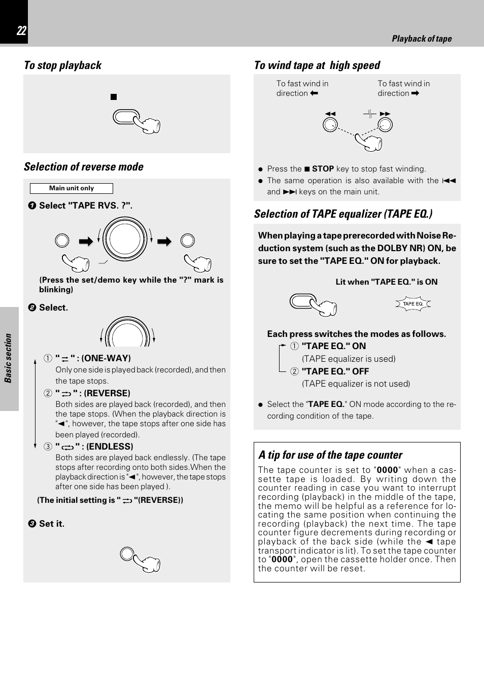 Selection of tape equalizer (tape eq.), Selection of reverse mode, A tip for use of the tape counter | Kenwood HM-353V User Manual | Page 22 / 56