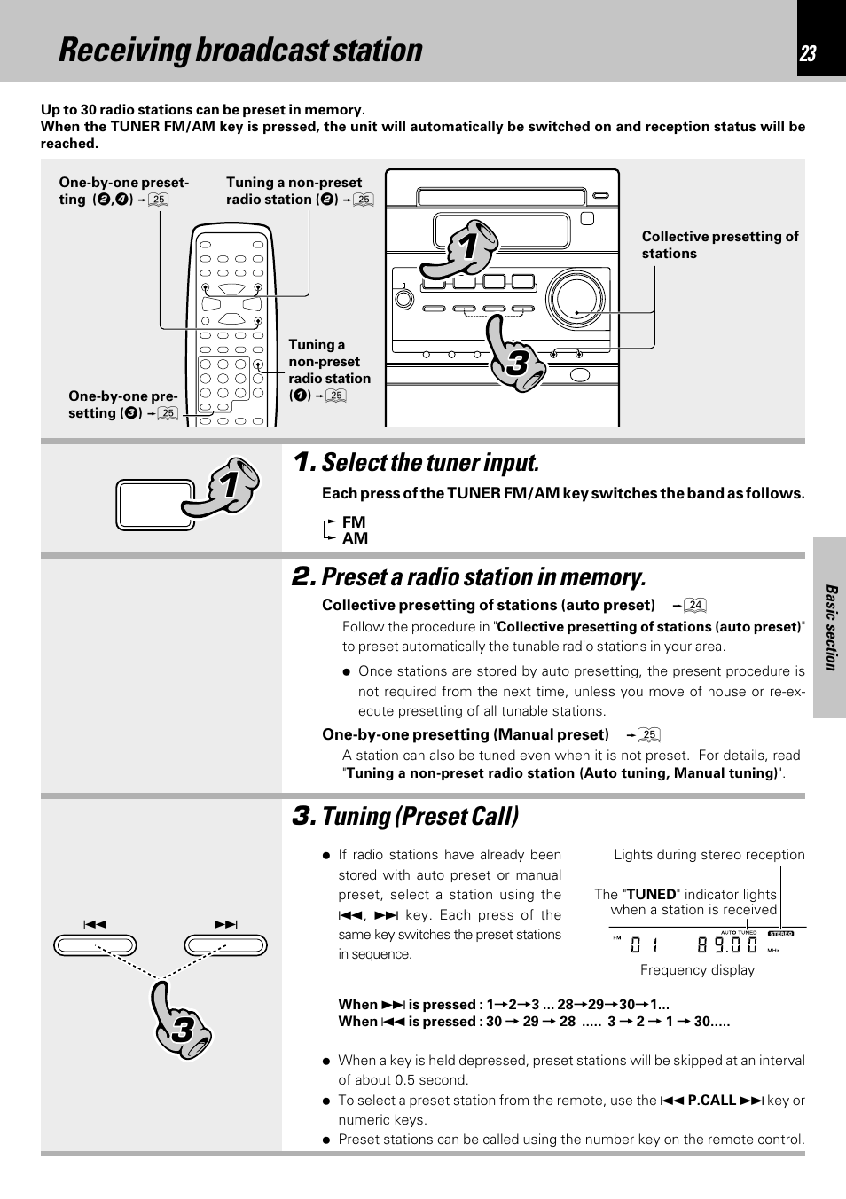 Receiving broadcast station, Select the tuner input, Tuning (preset call) | Kenwood HM-353V User Manual | Page 23 / 56