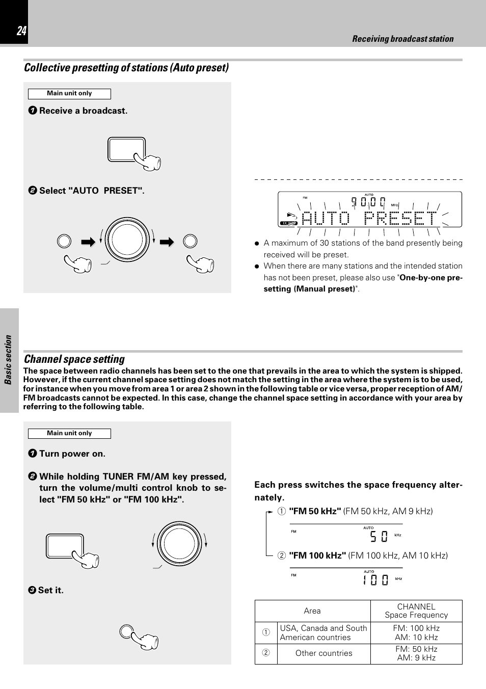 Collective presetting of stations (auto preset), Channel space setting | Kenwood HM-353V User Manual | Page 24 / 56