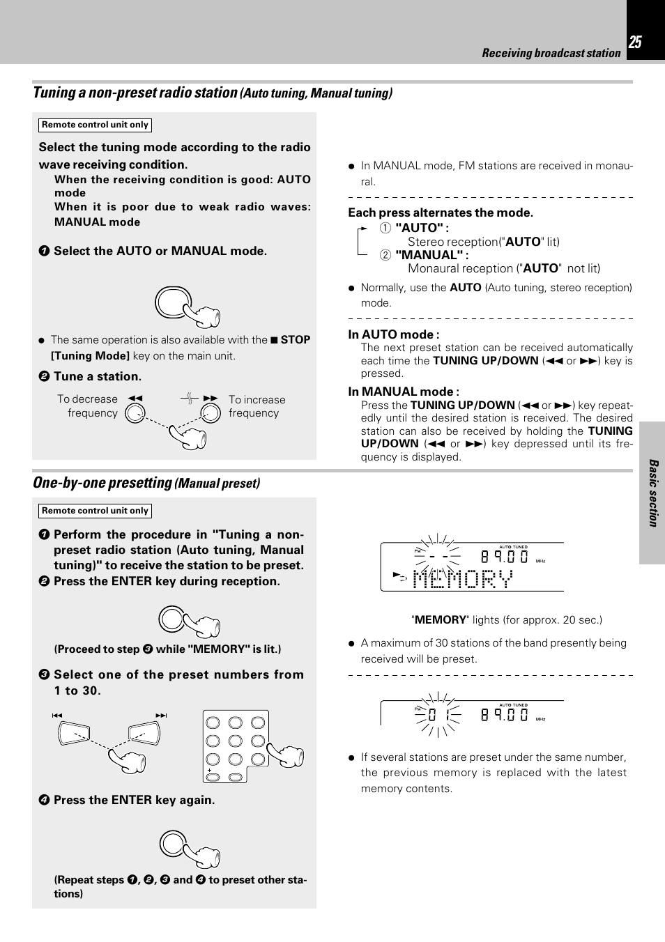 One-by-one presetting, Tuning a non-preset radio station, Manual preset) | Auto tuning, manual tuning), Receiving broadcast station | Kenwood HM-353V User Manual | Page 25 / 56